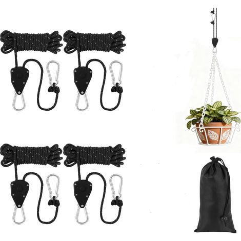 4PCS Cordes à Cliquet avec Crochet, 4mm Corde Tente Camping avec Tendeur et Sac de Rangement, 4 M Corde a Cliquet Réglable, cor-de de Camp-ing légère, pour Auvent,Camping,Lampe Plantes(Noir) (1/5)