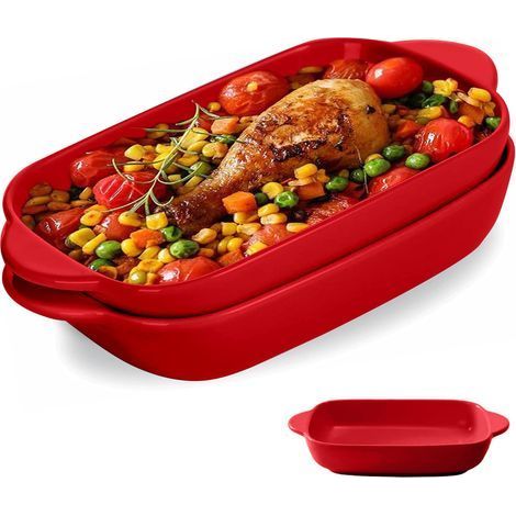 Petit Plat a Gratin Individuel 23 x 13 cm, 2 Plat Four en Céramique, Plat a Lasagne Rectangulaire de Style Nordique, Plat à Gratin Résistant à la chaleur pour Pâtisseries, Lasagnes (Rouge) (1/5)