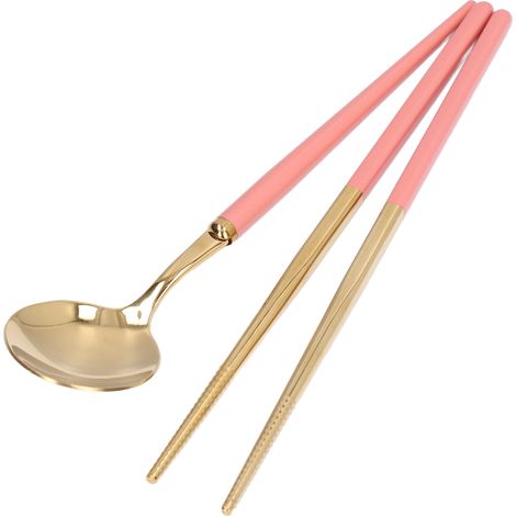 Tragbares Edelstahl-Besteckset, Aufbewahrungsbox für Essstäbchen, einzelner Reiselöffel, rosa und gold (1/5)
