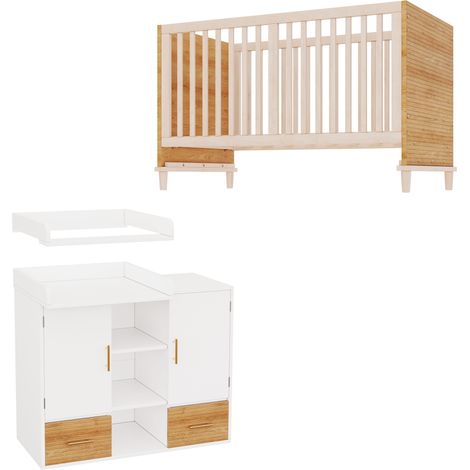 Table à langer et lit bébé ensemble, mobilier chambre enfant, set puériculture, table à langer en bois (114 x 53 x 92 cm), plan de change avec barrière amovible, lit parapluie (70 x 140 x 87 cm), tein (1/5)