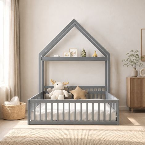 MEUBLIV Letto a casetta 140x200 cm grigio con tetto e sponda completa, senza materasso (1/5)