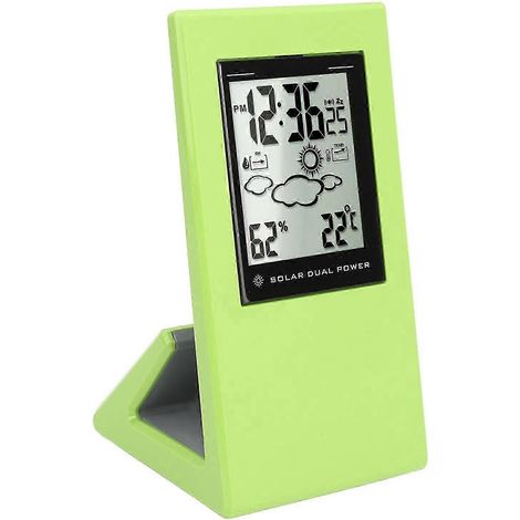 Réveil solaire numérique avec prévisions météo, affichage de la température et de l'humidité, double alimentation, horloge de table portable verte, conception écoénergétique pour la maison (1/5)