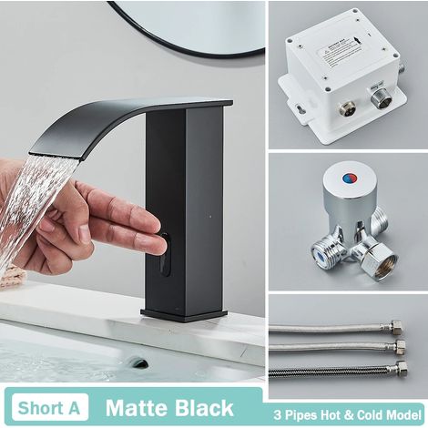 (Noir A Court) Robinet de lavabo de salle de bain noir à capteur intelligent, sans contact, mitigeur automatique à cascade, eau chaude et froide, robinet de lavabo Crane (1/5)
