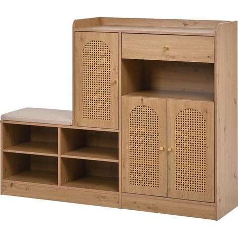 Schuhschrank mit gepolsterter Sitzbank, 3 geflochtenen Rattantüren und 1 Schublade. Multifunktionaler Aufbewahrungsschrank mit Schuhregal für den Flur. In Holzoptik,  Maße: B142xT35xH110 cm (1/5)