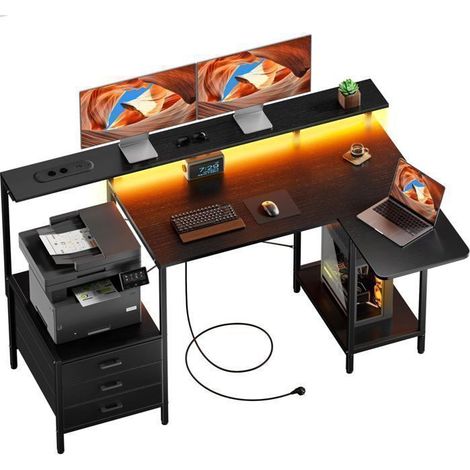 EcoFurnix Bureau gaming angle L rabattable 140 cm – Table ordinateur avec tiroir en tissu et support écran –Noir