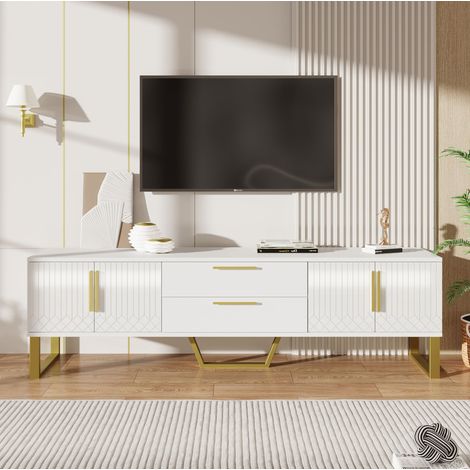 Mobile TV in MDF bianco lucido con dettagli oro, 170x40x53,5 cm, 4 ante, 2 cassetti e spazio contenitivo (1/5)