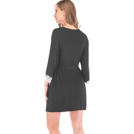 Peignoir de pyjama femme avec ceinture, manches 3/4, poignets en dentelle, col en V, idéal pour le bain et le spa, gris foncé, taille S (1/3)