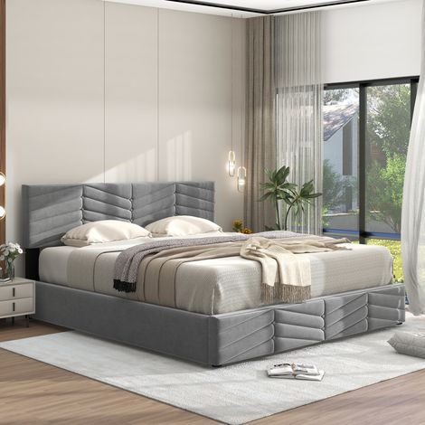 Lit coffre rembourré 140x190 cm en velours avec rangement hydraulique, sommier et grande capacité, gris