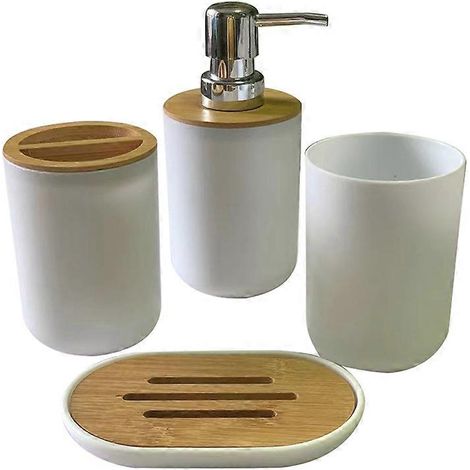 Ensemble d'accessoires de salle de bain : distributeur de savon, flacon, porte-brosse à dents, gobelet, blanc (1/5)