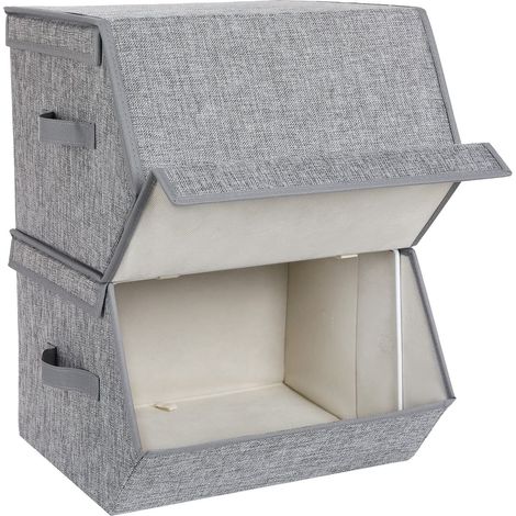 Paquete de 2 cajas de almacenamiento con tapa magnética apilable con cubierta de tela, marco de metal y asas laterales para accesorios, juguetes, ropa, gris (1/3)