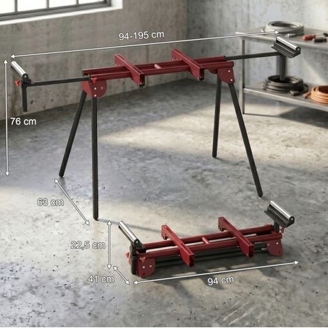 Support de scie à onglet 94x63x76 cm en métal rouge avec rouleaux, stable pour atelier – MEUBLIV (1/5)