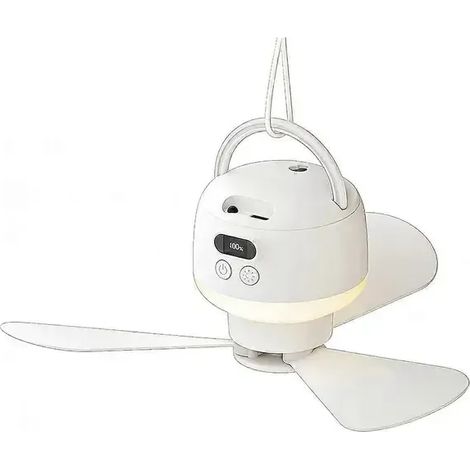 Ventilateur de camping rechargeable USB avec télécommande, lumière LED, 5 vitesses, minuterie, ventilateur de plafond portable pour le camping (blanc). (1/5)