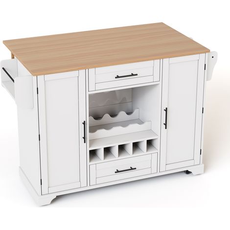 Chariot de cuisine avec plan de travail rabattable, îlot de cuisine sur roulettes avec range-bouteilles, porte-verres, porte-épices et porte-serviettes, 120x45/70x92cm, Blanc – Chariot de service mult (1/5)