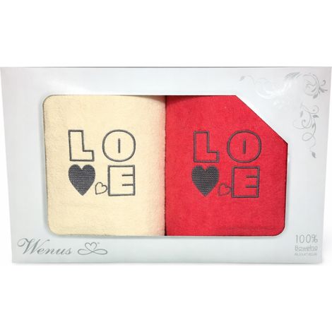 Handtuchset mit „Love“-Stickerei, 50 x 100 cm, ecru, rot (1/2)