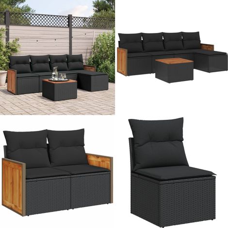 6-tlg. Garten-Sofagarnitur mit Kissen Schwarz Poly Rattan - Gartenmöbel Set - Rattan Möbel - Outdoor Lounge - Esstisch - Sofasitzgruppe - Home & Living