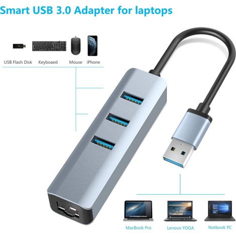 Améliorez votre ordinateur portable avec un adaptateur Ethernet USB 3.0. Ce répartiteur USB multiport 4 en 1 permet une connexion réseau filaire rapide et un transfert de données de 5 Gbit/s  il est p