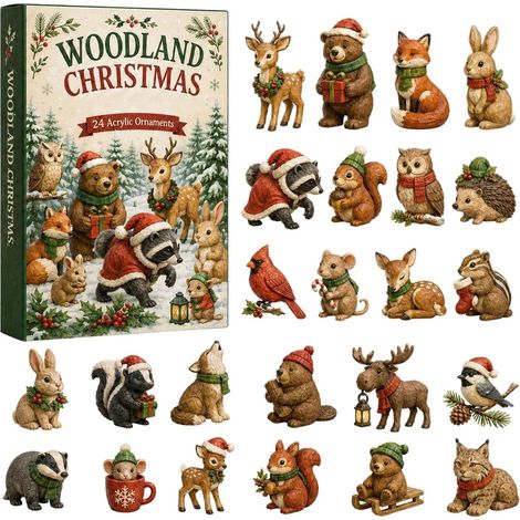 Adventskalender 2026 Waldtiere – 24-teilig – braun, grün, rot – Acryl – 6 cm groß – Waldtier-Anhänger – Christbaumschmuck – Weihnachtsüberraschung – geeignet für Weihnachten und als Dekoration (1/5)