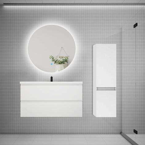 Ensemble meuble de salle de bain et lavabo blanc (L.100cm) 2 tiroirs + meuble haut + lavabo + miroir rond LED (1/5)