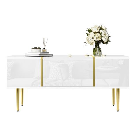 Table basse blanche brillante doré, 2 tiroirs, 100x60x41,5 cm