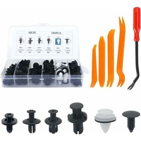 Rivet Clips Plastique,100PCS Universel Rivet Clips Plastique De Voiture Clip De Fixation Pour Voiture Et 4pcs Outils De Démontage Po (1/4)