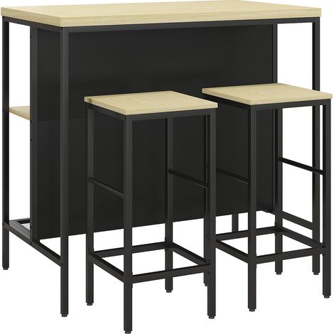GagaEnsemble table de bar et 2 tabourets style industriel avec étagère de rangement, repose-pieds, métal noir et aspect bois (1/5)