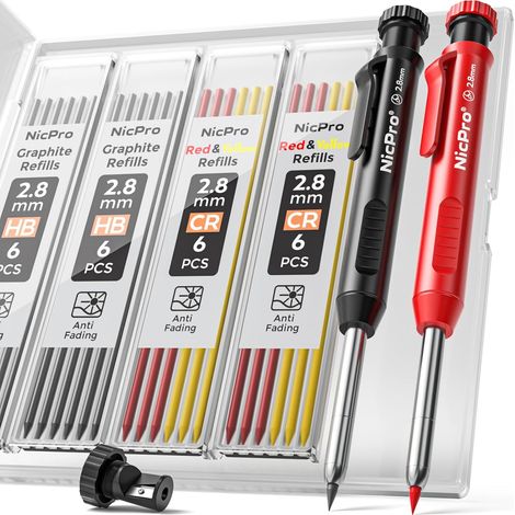 2 Piece Construction Pencils, Mechanical Pencil with 24 Refills, Deep Hole Marker, Carpenter Pencil for DIY Drawing, Carpenter Pencil for Architect (Red, Black) (1/5)