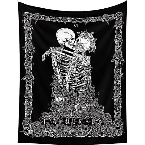 Crâne Tapisserie murale baisers amants Tapisserie Tenture murale Noir Tarot Tapisserie Squelette Couverture Tissu Décoration pour chambre à coucher Salon 73 x 95 cm