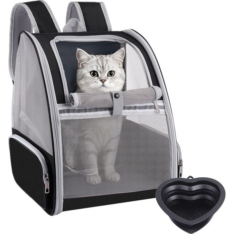 Sac à Dos Transport pour Chat, Chien et Lapin jusqu'à 7 Kg, Multi-Entrées, Bretelles Rembourrées, avec Gamelle Pliable, Noir (1/5)