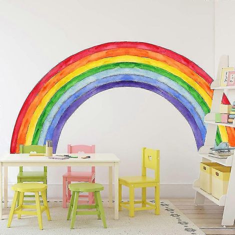 Grand autocollant mural arc-en-ciel aquarelle 70,8 x 33,9 pouces, en vinyle, imperméable, facile à décoller et à coller. (1/5)