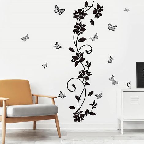 2 Sets Stickers Muraux Noir Moderne Fleurs Vigne et Papillons Autocollant (1/5)