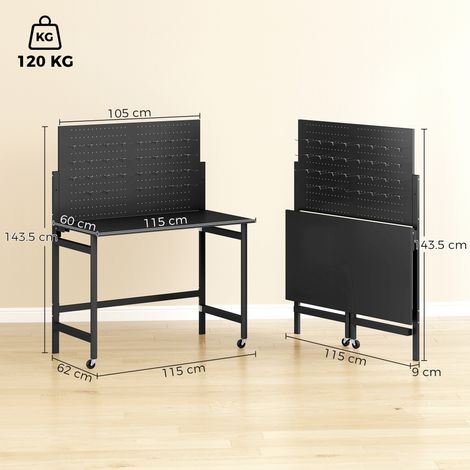 Établi pliant portable avec panneau perforé, plateau en bois épais, structure en acier, noir (1/5)