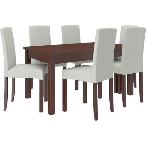 Ensemble table extensible 140-180cm et 6 chaises en bois Noyer foncé et tissu beige clair Zakria (1/5)