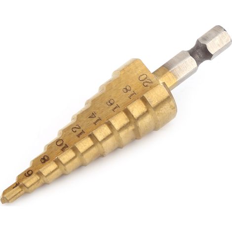 Stufenbohrer aus titanbeschichtetem HSS, Sechskantschaft, Elektrowerkzeuge, 4–20 mm (1/5)