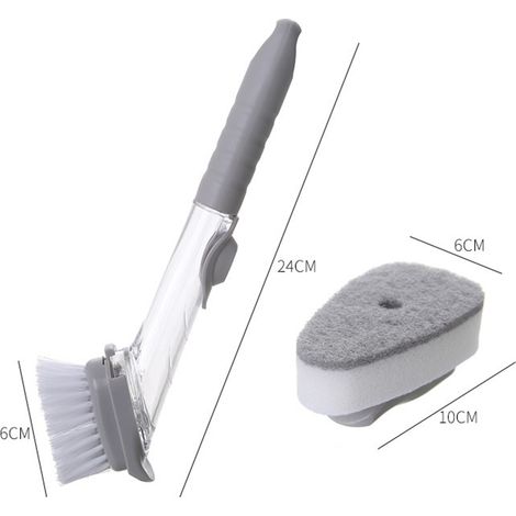 Brosse hydraulique automatique pour ajout de liquide, brosse de cuisine souple, ustensiles de cuisine pour casseroles et bols, 1 manche, 1 brosse, 2 éponges (1/5)