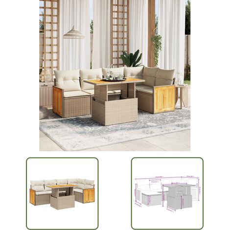 The Living Store Salon de jardin avec coussins 6 pcs beige résine tressée - Ensemble Salon De Jardin - Mobilier De Jardin - Canapé Extérieur - Table De Jardin - Chaise Lounge (1/3)