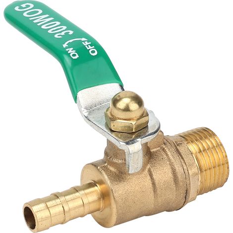 Robinet à bille en laiton, raccord mâle 3/8" et sortie 12mm pour tuyau, levier vert (1/5)