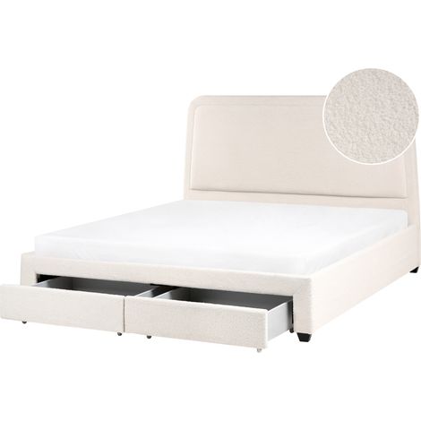 Cama escandinava de bouclé con cabecero 180 x 200 cm tapizada con 2 cajones y somier de láminas blanco crema Sardent (1/5)