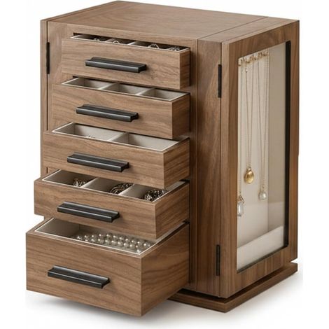 Boîte à Bijoux Rotative à 360°, Coffre à Bijoux avec 5 Tiroirs, Porte en Acrylique et Intérieur en Velours, pour Colliers, Bagues, Bracelets, Noyer Naturel (1/5)