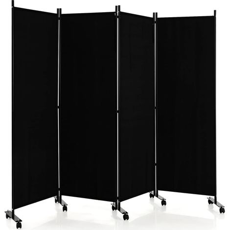 Goplus – Paravent pliant 4 panneaux 225x173cm – Métal noir avec roulettes verrouillables – Cloison de séparation pour maison, bureau, hôpital (1/5)