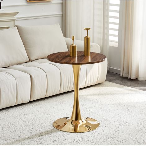 Mesa auxiliar redonda 60 cm dorado y nogal en MDF y metal con base estable (1/5)