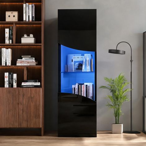 Vitrine haute noir laqué brillant avec éclairage LED et étagères (1/5)