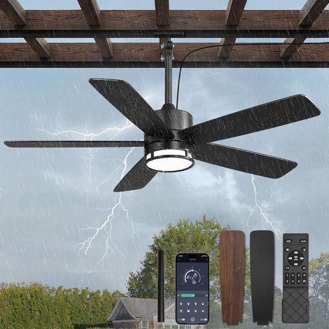 IP65 Étanche Ventilateur de plafond pour extérieur avec Lumiere et Telecommande116cm Silencieux Dimmable Plafonnier Ventilateur avec 5 Pales Doubles, Noir/Effet Bois pour Chambre, Salon, 6 Vitesses (1/5)
