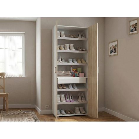 Dmora - Armadio multiuso Angy, Mobile lineare a 2 Ante battenti, Guardaroba a 6 ripiani, Scarpiera moderna, 100% Made in Italy, 72x37h195 cm, Olmo e Bianco (1/5)