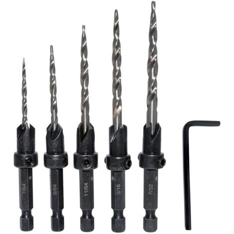 Lot de 5 forets coniques à tige hexagonale 3 en 1 pour perçage de 7/64 9/64 11/64 3/16 7/32 trous de vis avec butée de profondeur réglable à dégagement rapide 1 clé Allen (1/5)
