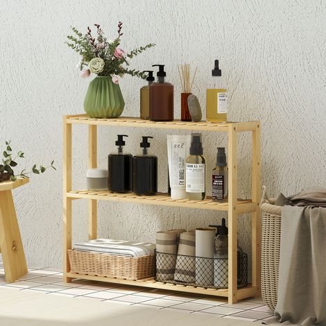 Estantería de baño de 3 niveles con 5 niveles ajustables, mueble de almacenamiento de bambú para pared o suelo, ideal para cocina, salón y baño, 60x15x50 cm, color madera.