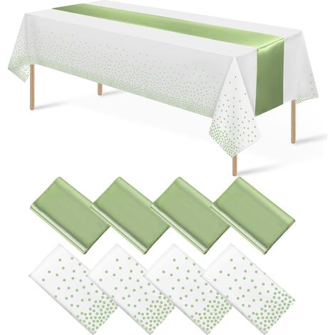 Nappe En Plastique Et Chemin De Table En Satin - 4 Pièces Nappe Blanche Et Verte À Points - 4 Pièces Chemin De Table Vert Sapin - 54 X 108 Pouces - 12 X 108 Pouces - Lot De 8 (1/5)
