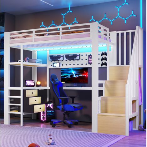 Cama alta con escritorio y zona de carga LED blanca HAVRYA (1/5)