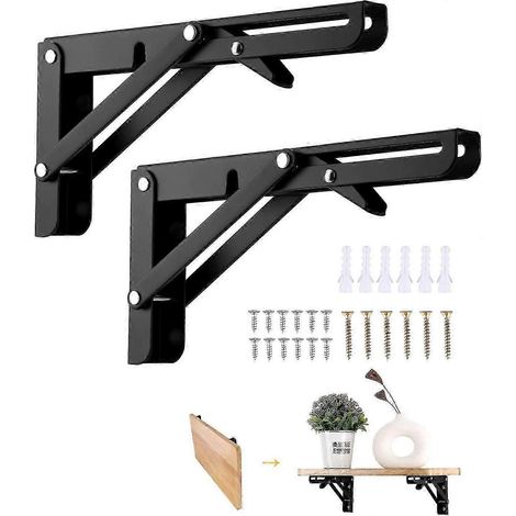 Support pliable 200 mm, lot de 2 supports pliables noirs, supports d'étagère pliables robustes, support pliable rétractable résistant, support d'étagère, compatible avec GaWHBYV (1/4)