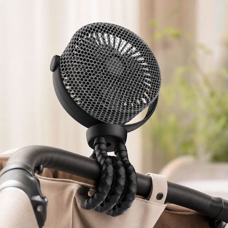 Ventilatore a polpo ricaricabile tramite USB da 3600 mAh, con supporto flessibile per passeggino e scrivania, griglia di sicurezza da 8 mm, colore nero. (1/4)