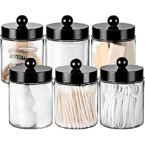 Lot de 6 boîtes de rangement pour cotons-tiges, idéales pour la salle de bain. Organisateur de maquillage à poser sur le comptoir, flacons en verre transparent. (1/5)